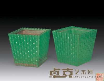 清乾隆 绿釉竹节花盆 19×19cm×2